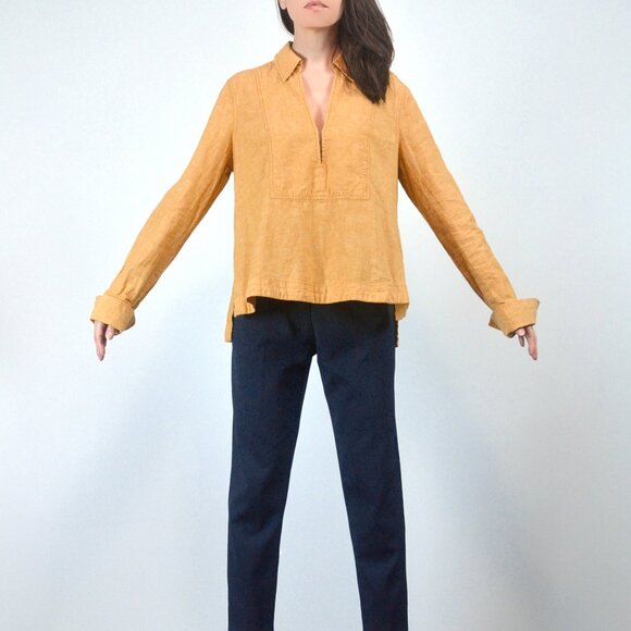 Free People Yellow Long Sleeve Collared Blouse, V-neck Linen Cotton Loose Top - Picture 3 of 8
